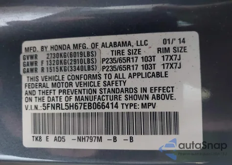 2014 Honda Odyssey Ex-L from USA, damaged, VIN 5FNRL5H67EB066414
